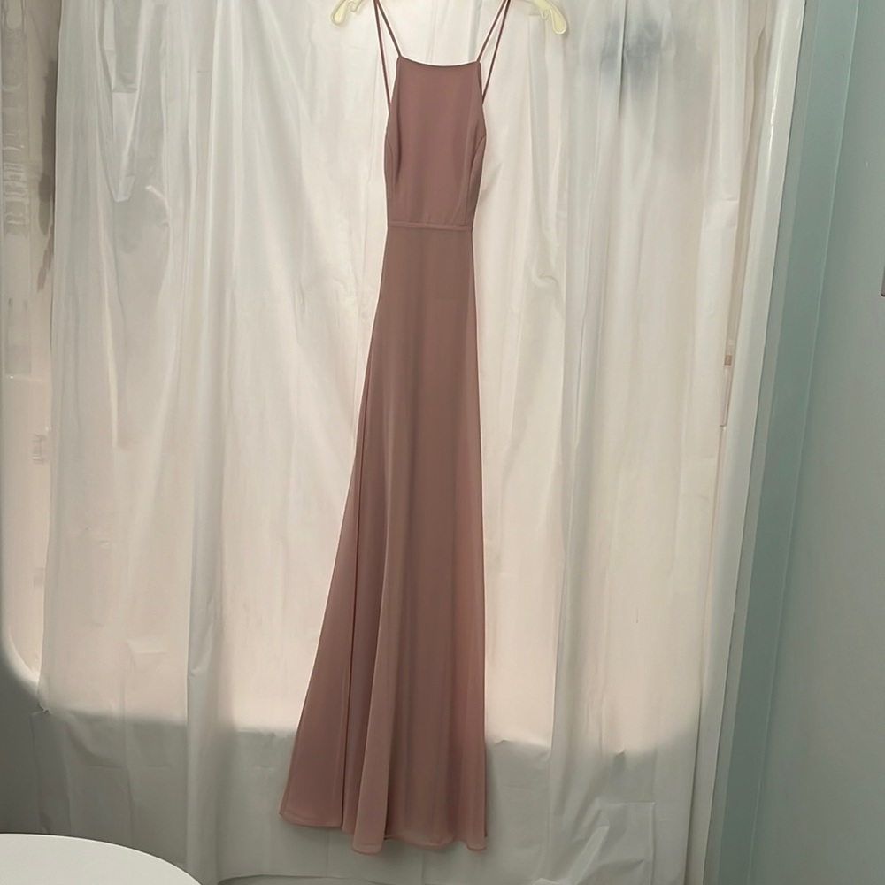 Dusty pink, floor length, chiffon gown (bridesmaid, prom, formal event)
